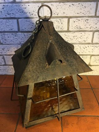 Antique Arts And Crafts Period Wrought Iron Porch Lantern 6