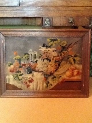 Antique Needlepoint Tapestry Still Life Pheasant Fruit Woolwork 62cm X44cm