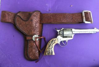 Vintage 1960s Mattel Shootin Shell 45 Cowboy Toy Pistol W/ Real Leather Holster