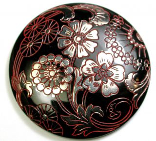 Lg Sz Antique Black Glass Button W/ Re & Silver Luster Flowers - 1 & 7/8