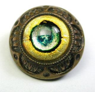 Antique Glsss In Brass Button Domed Peacock Eye Type Design - 1/2 "