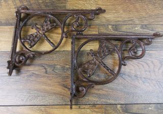 Set Of 2 Vintage Look 6 1/2 " X 9 " Cast Iron Dragonfly Design Shelf Brackets