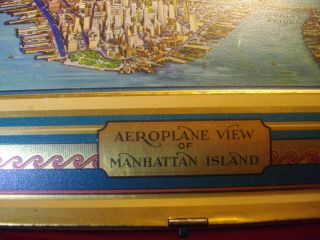 Vtg 1932 Deco Metal Storage Box ' Aeroplane View of Manhattan ',  13 