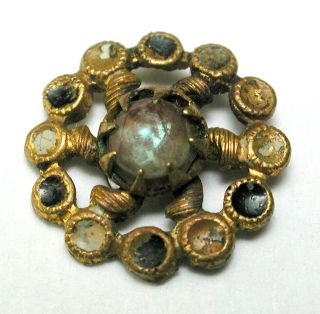 Antique Button Pierced Brass Flower Design W/ Saphiret Cabochon - 7/16 "