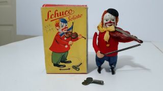 Vintage Schuco Wind Up Tin Toy Monkey Violin W/ Key And Box