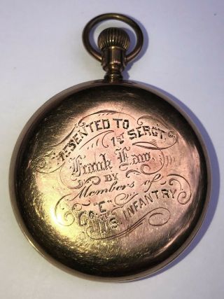 Antique Military Inscribed,  Presented 17 Jewel Pocket Watch,  Co.  E 17th Infantry