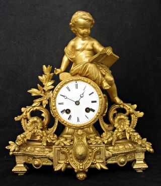 Antique French Gilt Mantel Clock By Vincenti,  Child Reading Book,  Figural