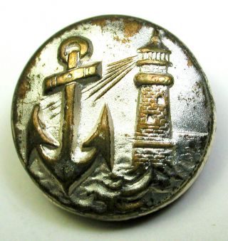 Antique Silvered Metal Button Anchor & Lighthouse 9/16 " 1890s