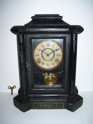Vintage Old Wooden Mantle Clock Antique W/ Key Rare Pendulem L@@k