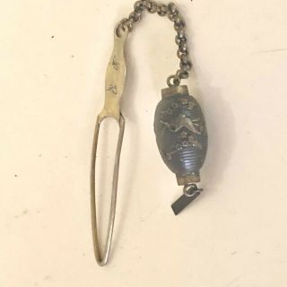 Antique Silver Ribbon Threader Sewing Tool Button Hook 5.  5” W Japanese Lantern