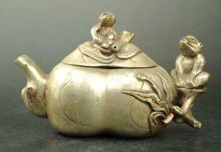 China Old Copper Plating Silver Hand Engraving Monkey Teapot / Qianlong Mark D02