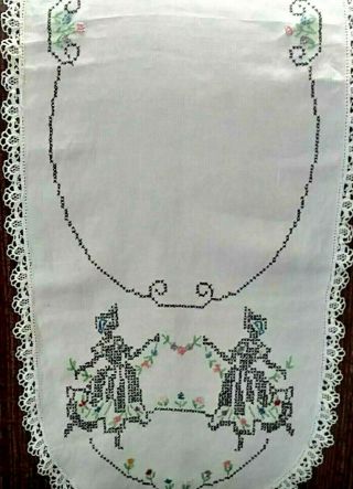 Antique Doily Embroidery Blackwork Table Runner Sunbonnet Southern Girl 