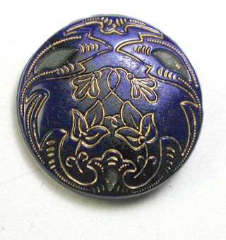 Bb Antique Victorian Glass Button Navy W Gold Floral 3/4 "