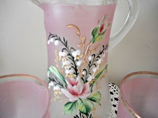 Gorgeous Antique Victorian hand enamelled glass jug and 2 tumblers 2
