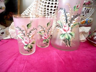 Gorgeous Antique Victorian hand enamelled glass jug and 2 tumblers 5