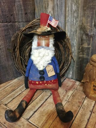 Primitive 21in Large Uncle Sam Painted Body Fabric Country Old Rusty Doll