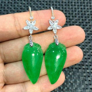 Chinese 925 Silver & Green Jadeite Jade Radish Handwork Collectible Pair Eardrop