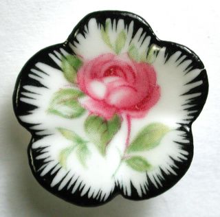 Bb Vintage Porcelain Button Painted Pink Rose & Scallop Border 15/16 "