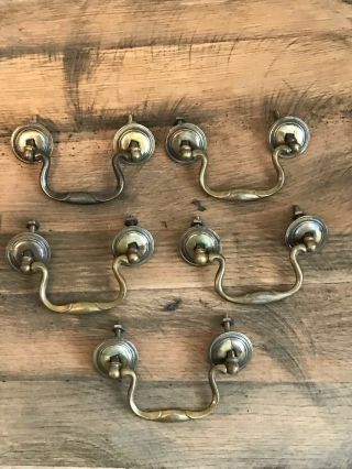 Set Of 5 Matching Victorian Antique Solid Brass Drawer Drop Pull Handles Knobs
