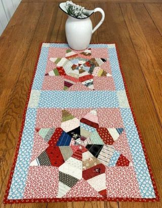 String Stars C 1930s Quilt Table Runner Assorted Prints 30 X 16 Vintage
