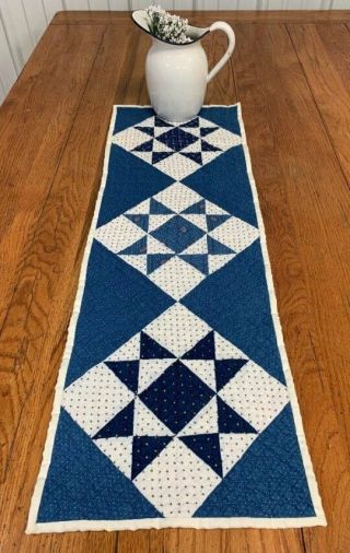 Indigo Blue C 1890 - 1900 Stars Antique Quilt Table Runner 35 X 11