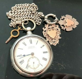 1838 H Samuel Manchester Bhm Sterling Cased Fusee Pocket Watch W/ Chain & Fob