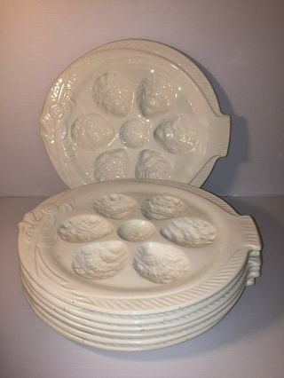 Set Of 7 P.  V.  Made In France Porcelain Fish Shaped Oyster Plate Platter Tray