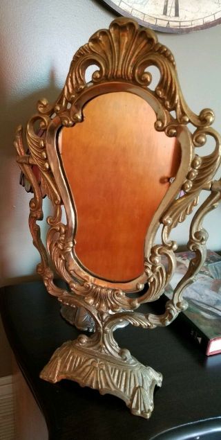 Vintage Ornate Solid Brass Tilting Vanity Mirror 20 Inch Tall With Patina