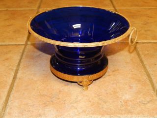 Antique French 19 Th Century Cobalt Glass & Gold Gilt Bronze Mounted Bowl