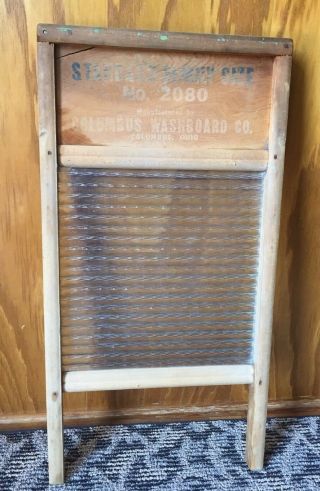 Antique Columbus Washboard Standard Family Size No 2080 Wooden Glass Crystal