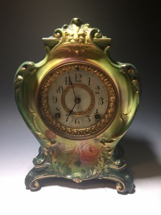 Antique Ansonia Royal Bonn " La Raine " Porcelain Mantle Clock.