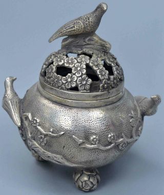 Collectable Old Art Miao Silver Carve Handwork Plum Blossom Bird Incense Burner