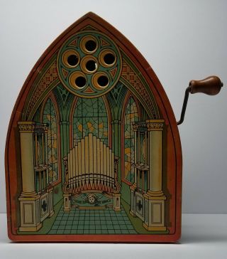 Vintage J.  Chein Hand Crank Tin Litho Cathedral Church Organ Music Box -