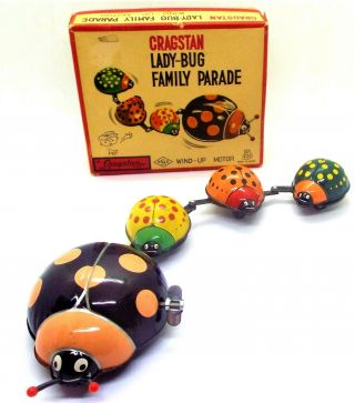 Vintage Cragstan Ladybug Family Parade Wind Up Tin Toy Made In Japan