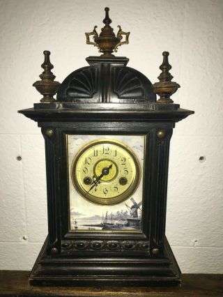 Old Antique Vintage German Dutch Delft Tile Front Mantel Bracket Clock Junghans