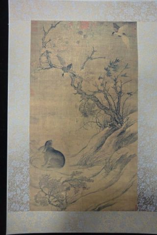 Vivid Old Very Large Chinese Paper Painting Rabbit Bird And Plant Marks