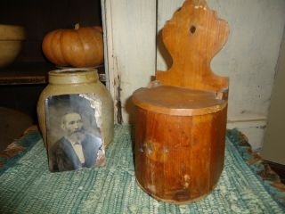 Primitive Antique Wooden Hanging Lidded Salt Box