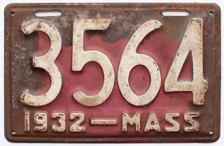 Massachusetts 1932 4 - Digit Shorty License Plate,  3564,  Low Number,  Antique