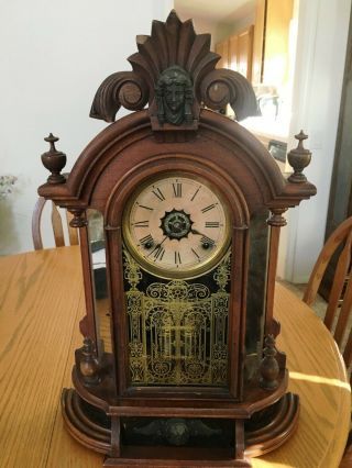 Antique Ansonia Triumph Walnut Victorian 8 Day Mirrored Jenny Lind Mantel Clock