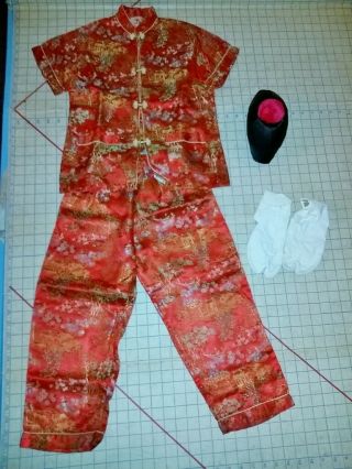 Korean War Era Chinese Silk Embroidered Red Jacket & Pants W Rare Cap & Shoes