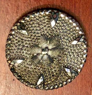 Antique Button Large Darling Lacy Black Glass W Daisy & Silver Luster,  1 7/16 "