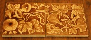 Pair Antique Pottery Tiles Providential Tile Works? Morning Glory Floral