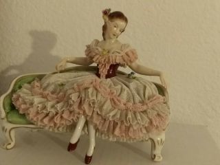 Rare Antique Volkstedt Dresden Porcelain Figurine Lady On The Sofa