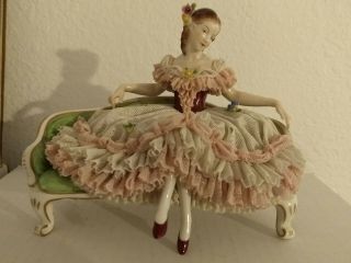 Rare Antique Volkstedt Dresden Porcelain Figurine Lady on the sofa 2
