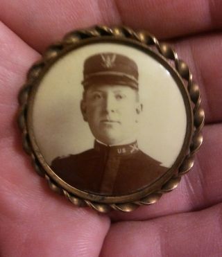 Antique Celluloid Us Soldier Portrait Button Civil War Spanish American War