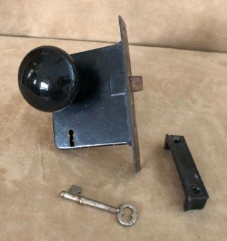 Vintage Black Glass Knob Set Eastlake Metal Door Backplate Key & Lock Antique