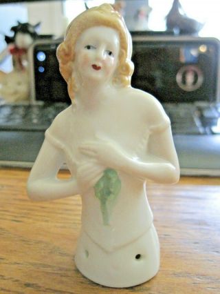 Victorian Antique Procelain Pin Cushion Doll Arms Out Blond Hair Germany 4 "