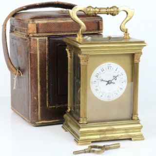 Large Antique Repeater Carriage Clock With Travel Case Corinthian Columns Wow
