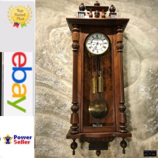 Vintage Antique Germaney Vienna Strikes Wall Clock W 2 Brass Weigh & Pendulum