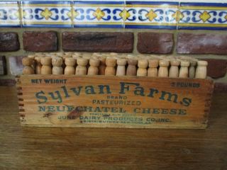 Vintage Primitive Wood Cheese Box,  90 Wooden Clothespins Farm House Laundry 3